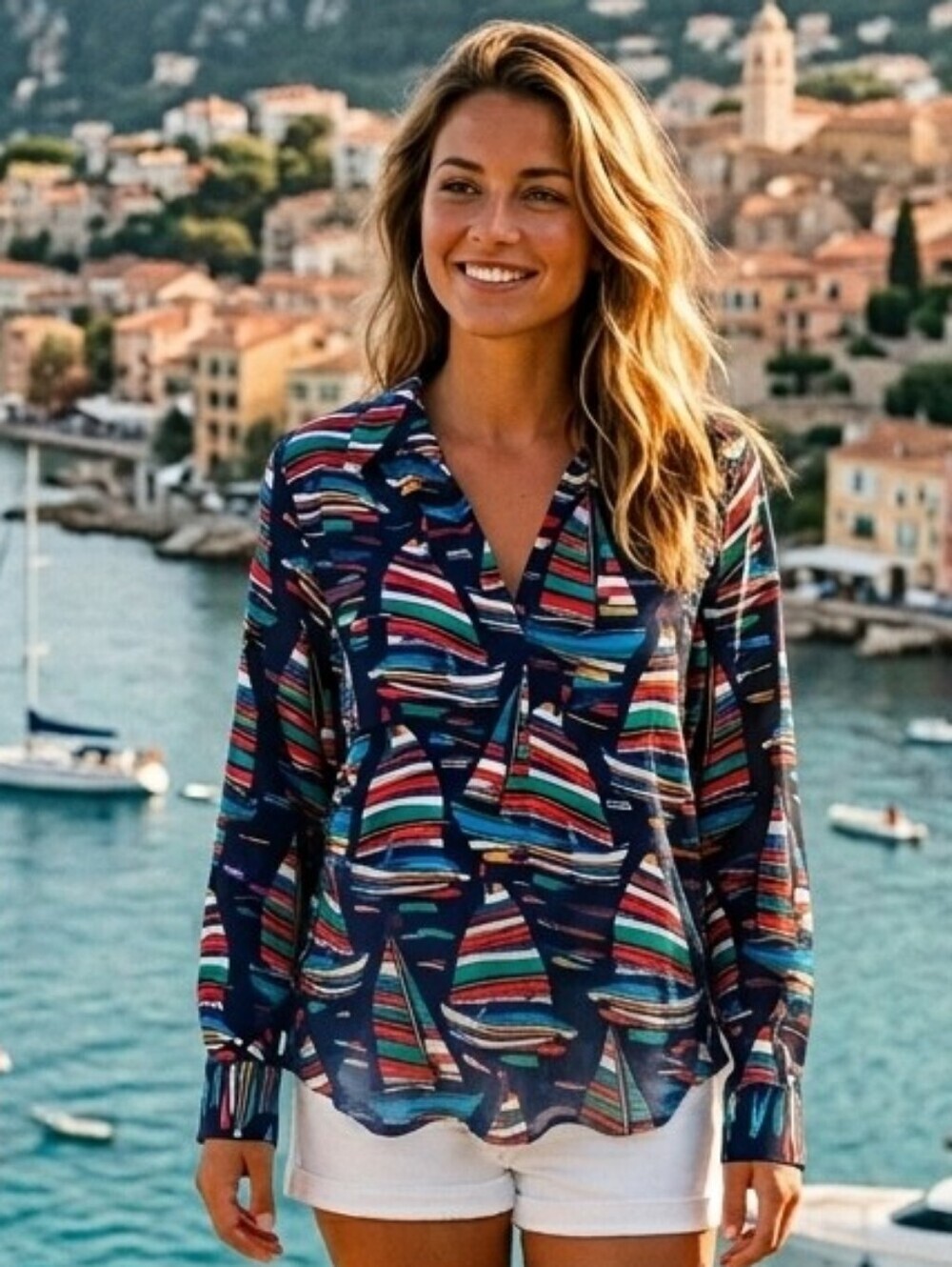Soft Surroundings Sailboat Button Up Top Size Medium Multicolor Long Sleeve